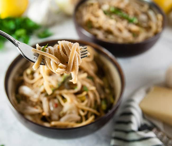 Caramelized Onion and Roasted Asparagus Pasta