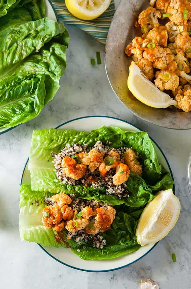 Buffalo Cauliflower and Quinoa Lettuce Wraps