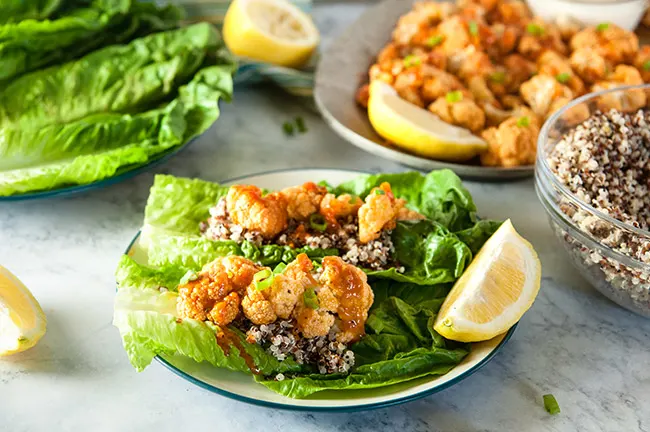 Buffalo Cauliflower and Quinoa Lettuce Wraps