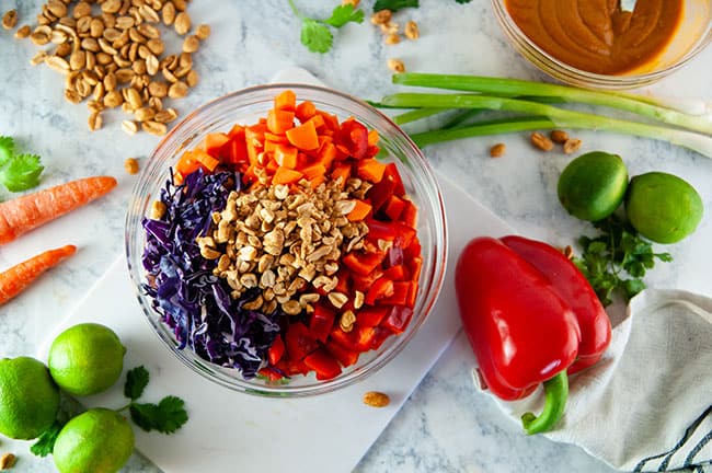 veggies and peanuts for the Thai peanut quinoa salad