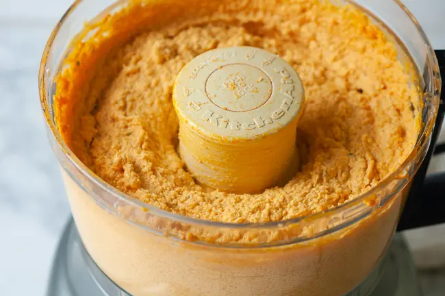 buffalo cauliflower dip in a food processor after being processed