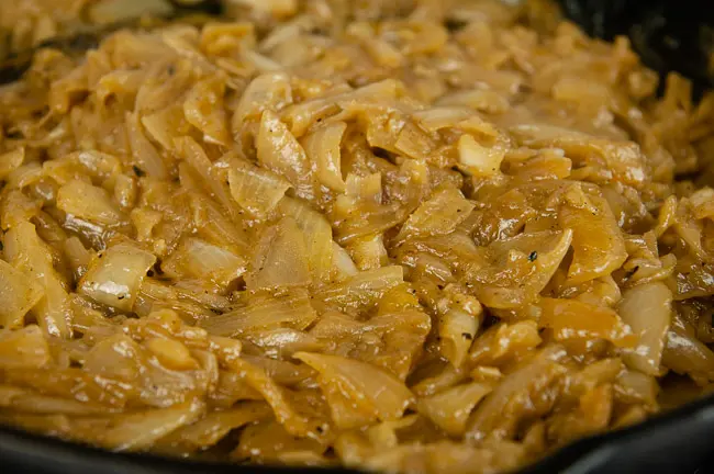 a skillet full of caramelized onions