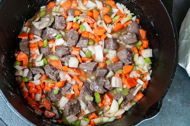 Deglaze the bottom of the pan and add the veggies