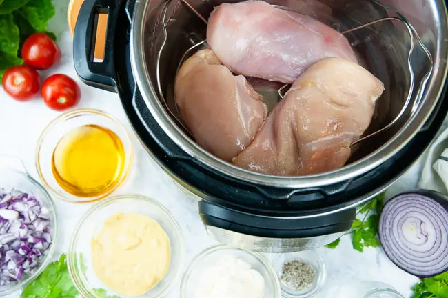 Ingredients for Instant Pot Chicken Salad with Honey Mustard: chicken breasts, water, mayo, dijon, honey, red onion, and salt and pepper