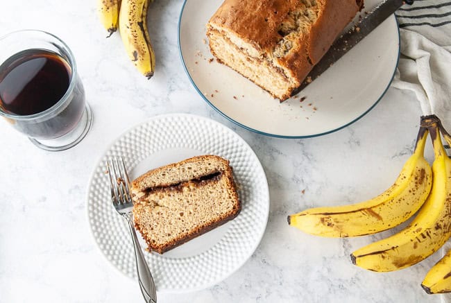 A perfect bite of cinnamon swirl banana bread is a yummy breakfast