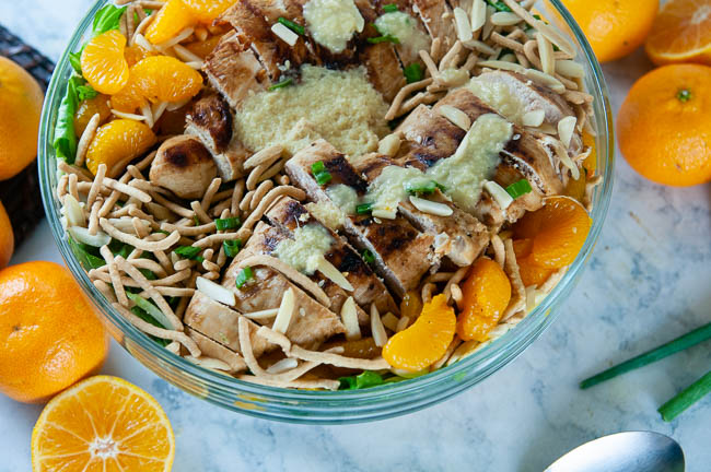 Creamy orange ginger dressing adds tons of flavor to this Chinese chicken salad