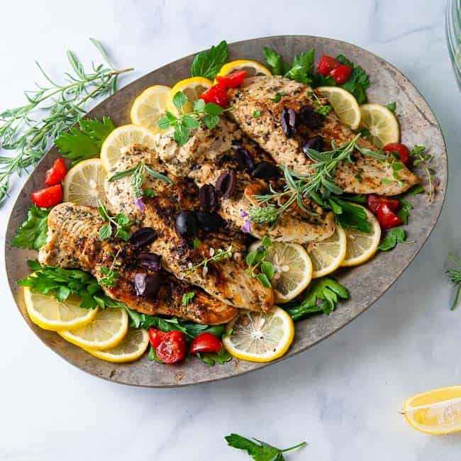 An easy Greek chicken recipe pairs well with a big salad or roasted vegetables and rice.