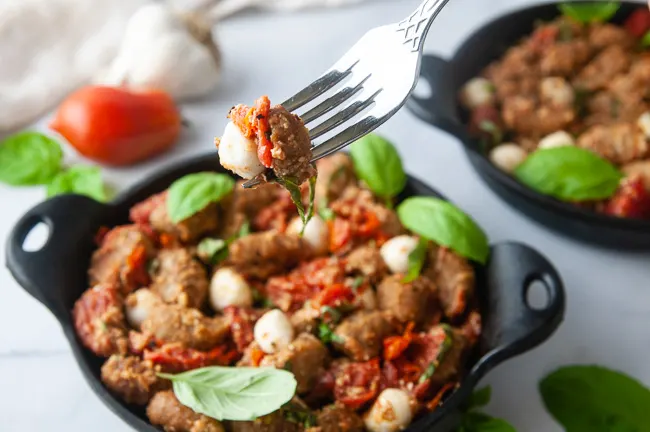 Air fryer gnocchi is delicious with tomatoes, basil and mozzarella