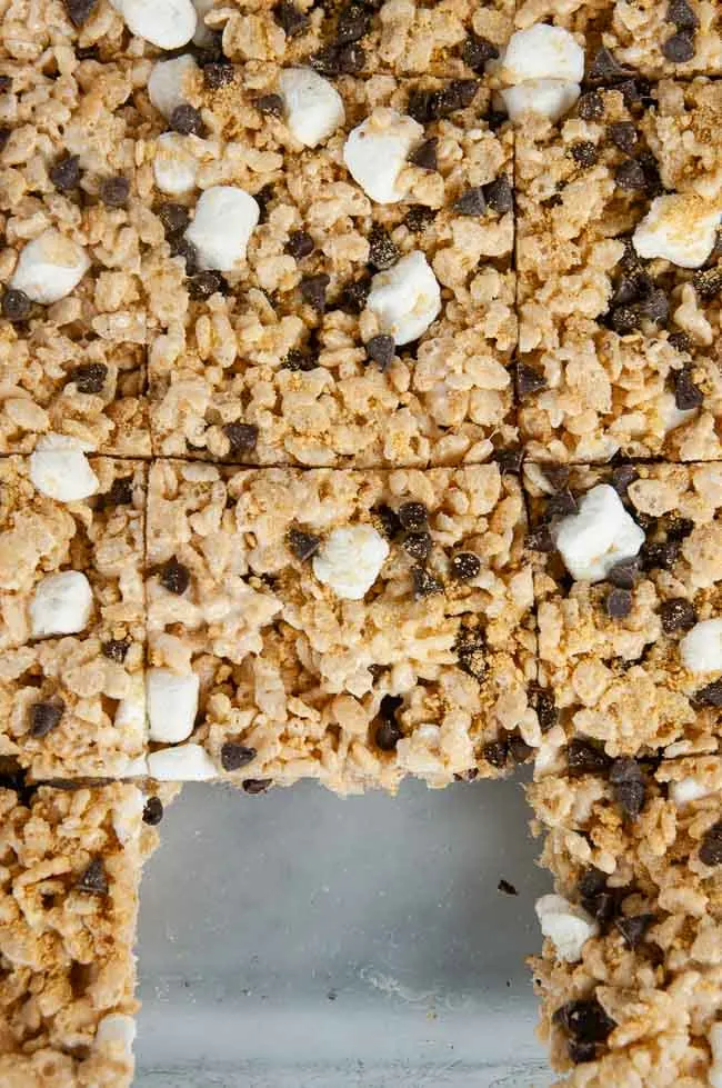 Cut the s'mores rice krispie treats into squares.