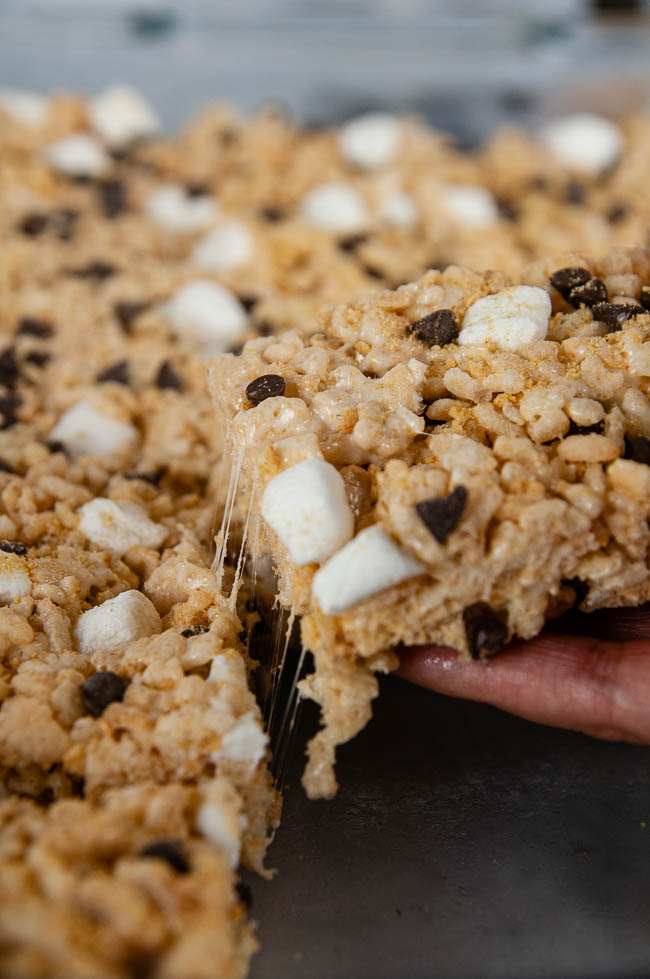 A gooey piece of S'mores Rice Krispie Treat