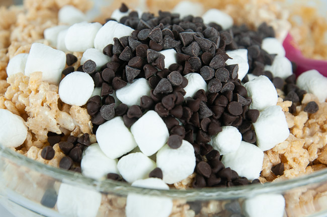 Add in the extra mini marshmallows and chocolate chips