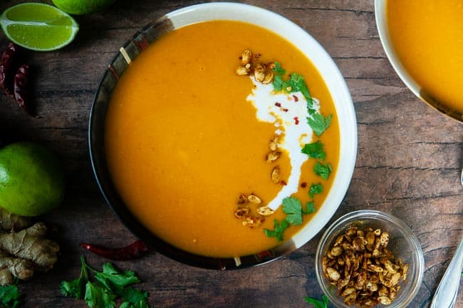 Make Instant Pot Curried butternut squash soup quickly and easily- yummy vegan dinner!