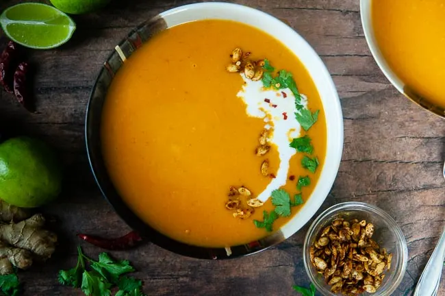 Make Instant Pot Curried butternut squash soup quickly and easily- yummy vegan dinner!