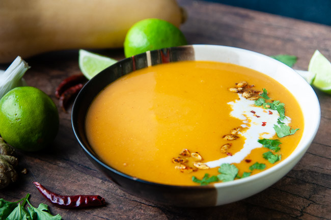 Make Instant Pot Curried butternut squash soup quickly and easily- yummy vegan dinner!