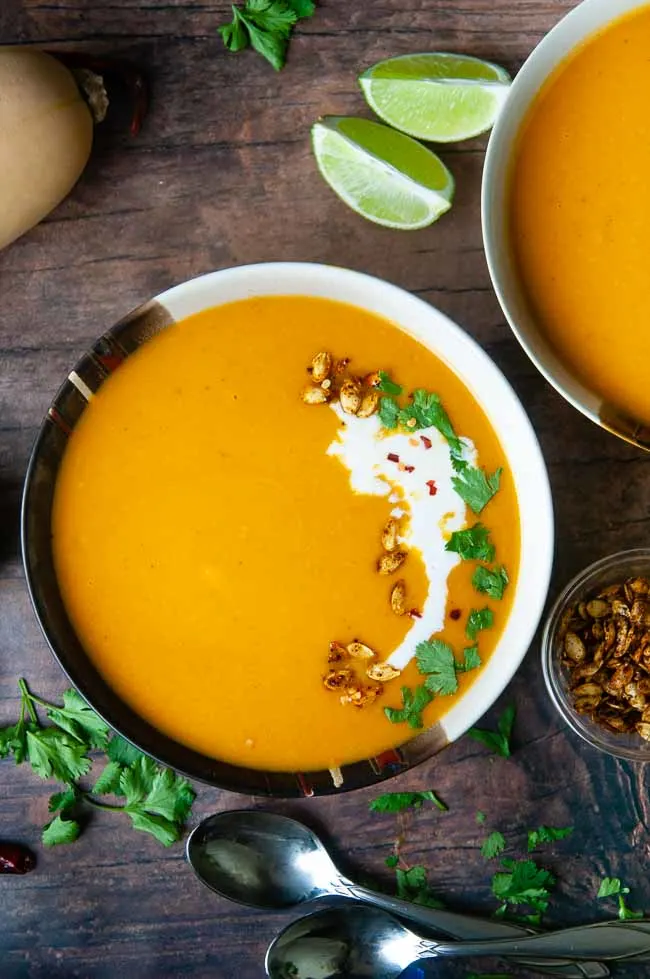 Make Instant Pot Curried butternut squash soup quickly and easily- yummy vegan dinner!