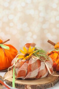 Easy New Sew Fabric pumpkins against a sparkly background on a white counter