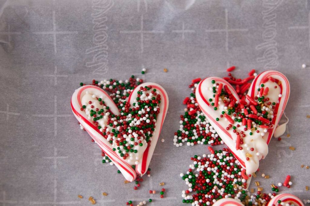 Sprinkle covered candy cane hearts