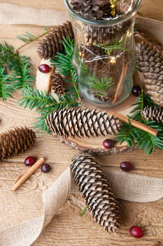 DIY Cinnamon pine cones on wood with burlap, lights, pine, cranberries and cinnamon sticks.