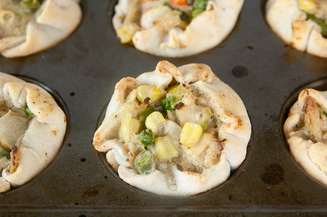 Baked mini chicken pot pies in a muffin tin