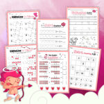6 Valentine's Day math worksheets perfect for kindergarten on a pink background
