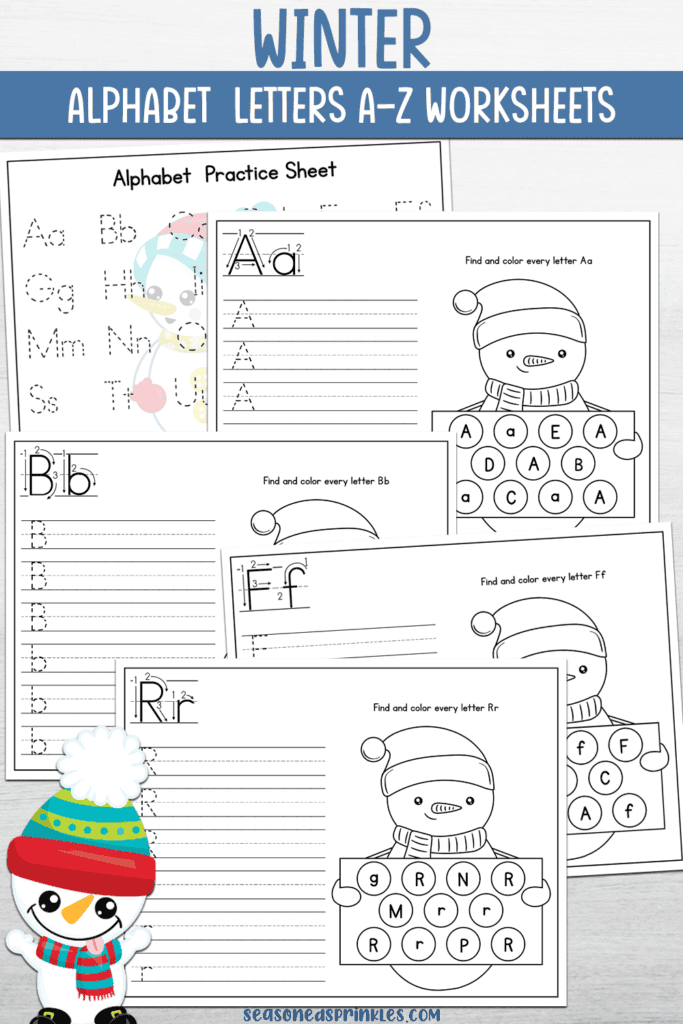 Winter Alphabet Printable Pack for Kindergarten and Preschool showing a selection of pages all with snowmen