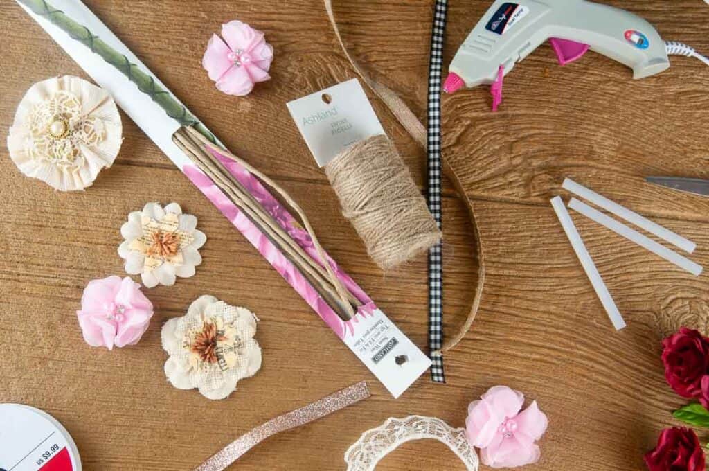 Craft supplies on a wood table