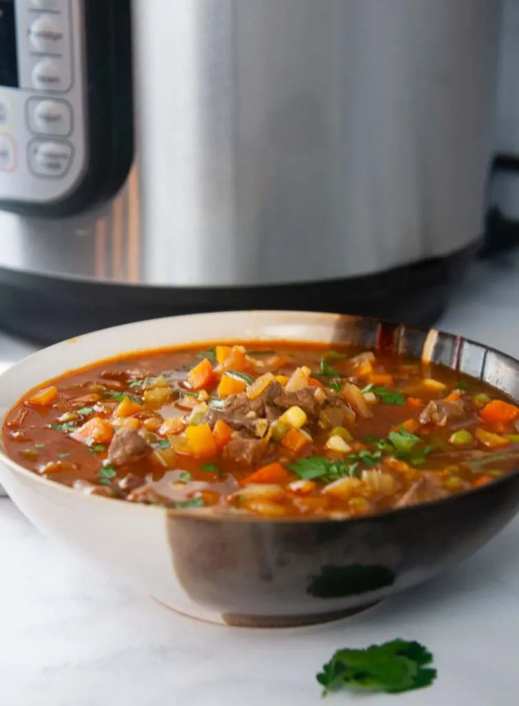 Instnat Pot Vegetable Beef soup is the perfect make ahead dinner. A bowl of it shown in front of the Instant Pot.