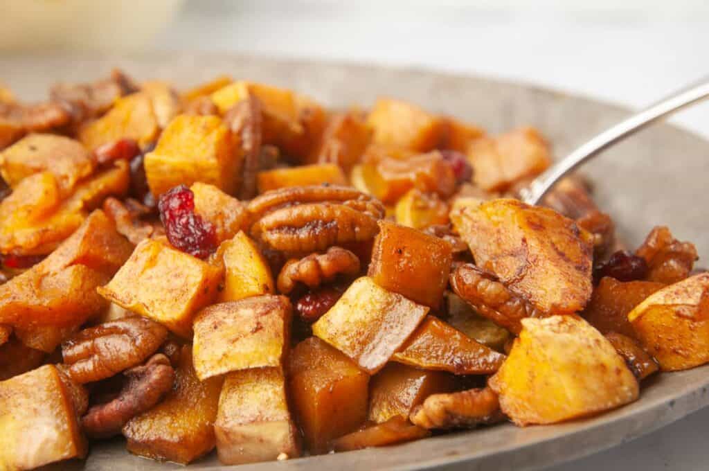 Brown sugar butternut squash with cinnamon is a delicious fall or holiday side dish.