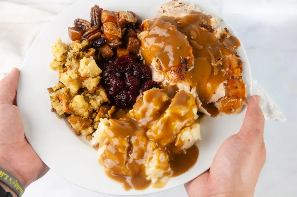 A turkey dinner complete with mashed potatoes, cranberries, stuffing and squash on a white plate