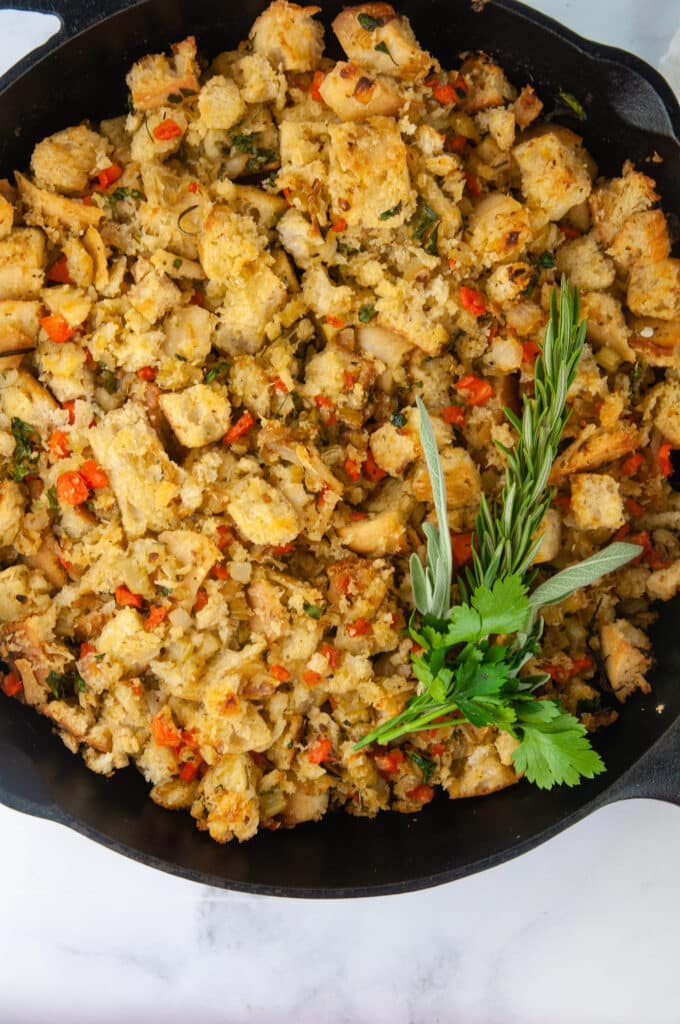 Buttery garlic herb ciabatta stuffing is a yummy vegetarian stuffing recipe perfect as a part of any holiday dinner.