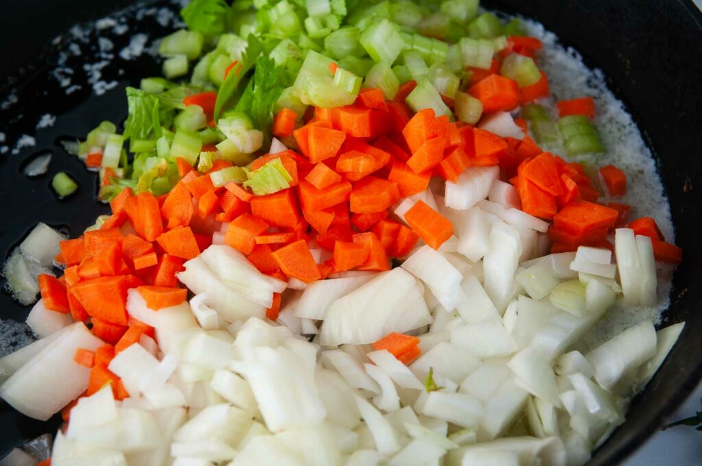 Mirepoix being cooked in butter