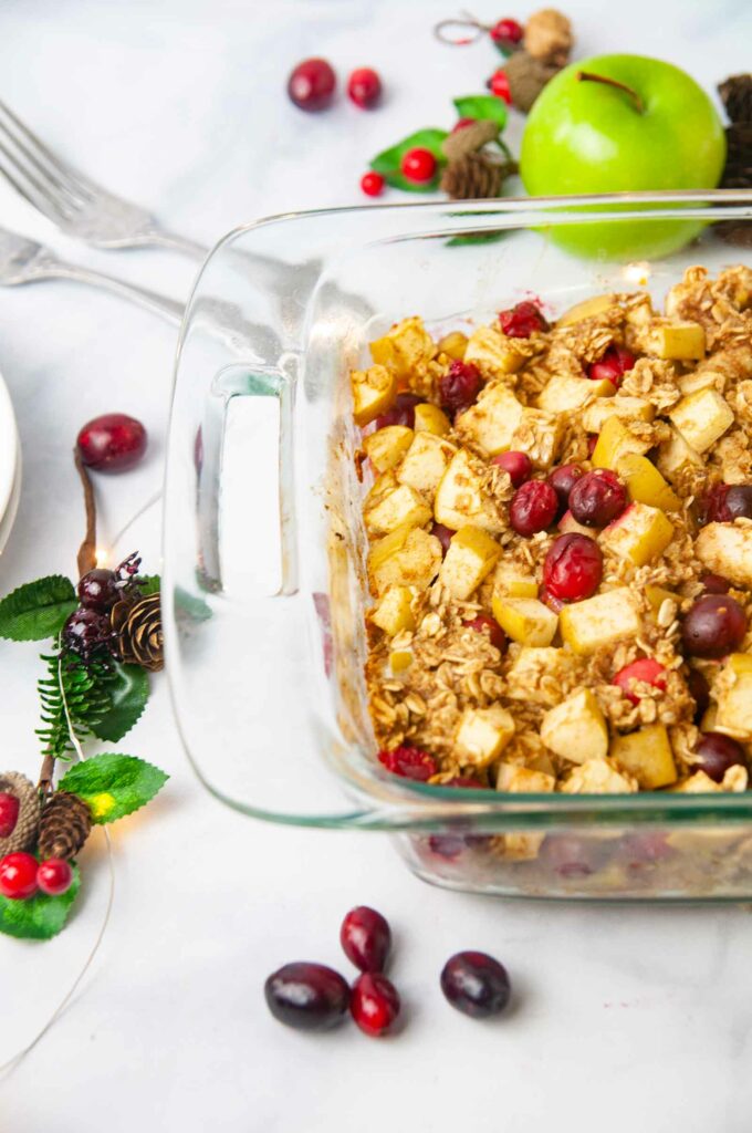 Cozy, wholesome cranberry apple baked oatmeal makes a festive start to the day.