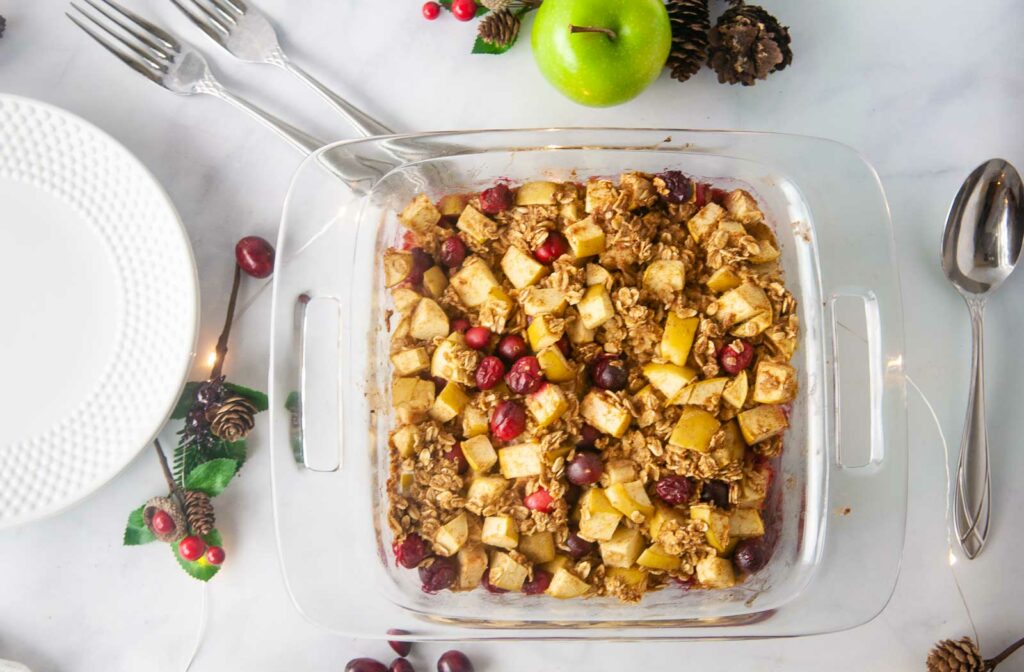 A baking dish full of cranberry apple baked oatmeal