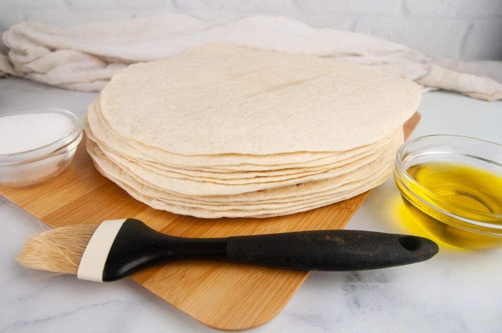Ingredients for Homemade Tortilla Chips: Flour Tortillas, Salt, Cooking Spray or Oil