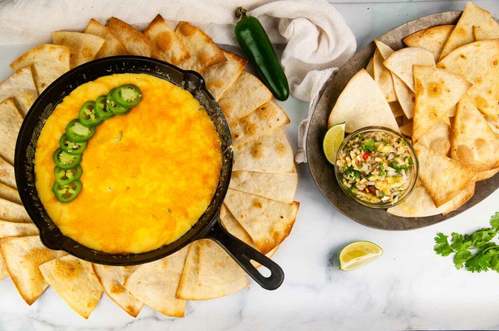 Homemade Tortilla Chips pair well with jalapeno cheese dip or any salsa.