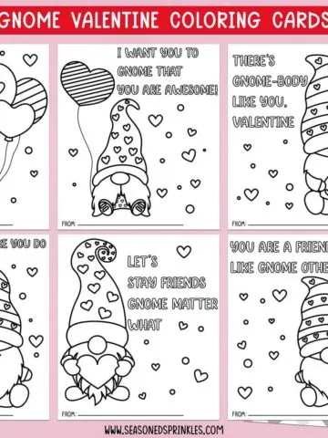 A collage of Valentines Gnomes Coloring Cards on a pink background