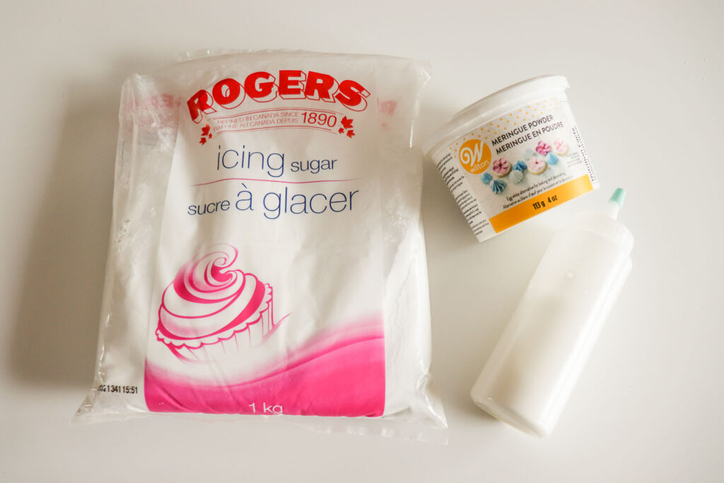 Ingredients for royal icing: icing sugar, meringue powder, water