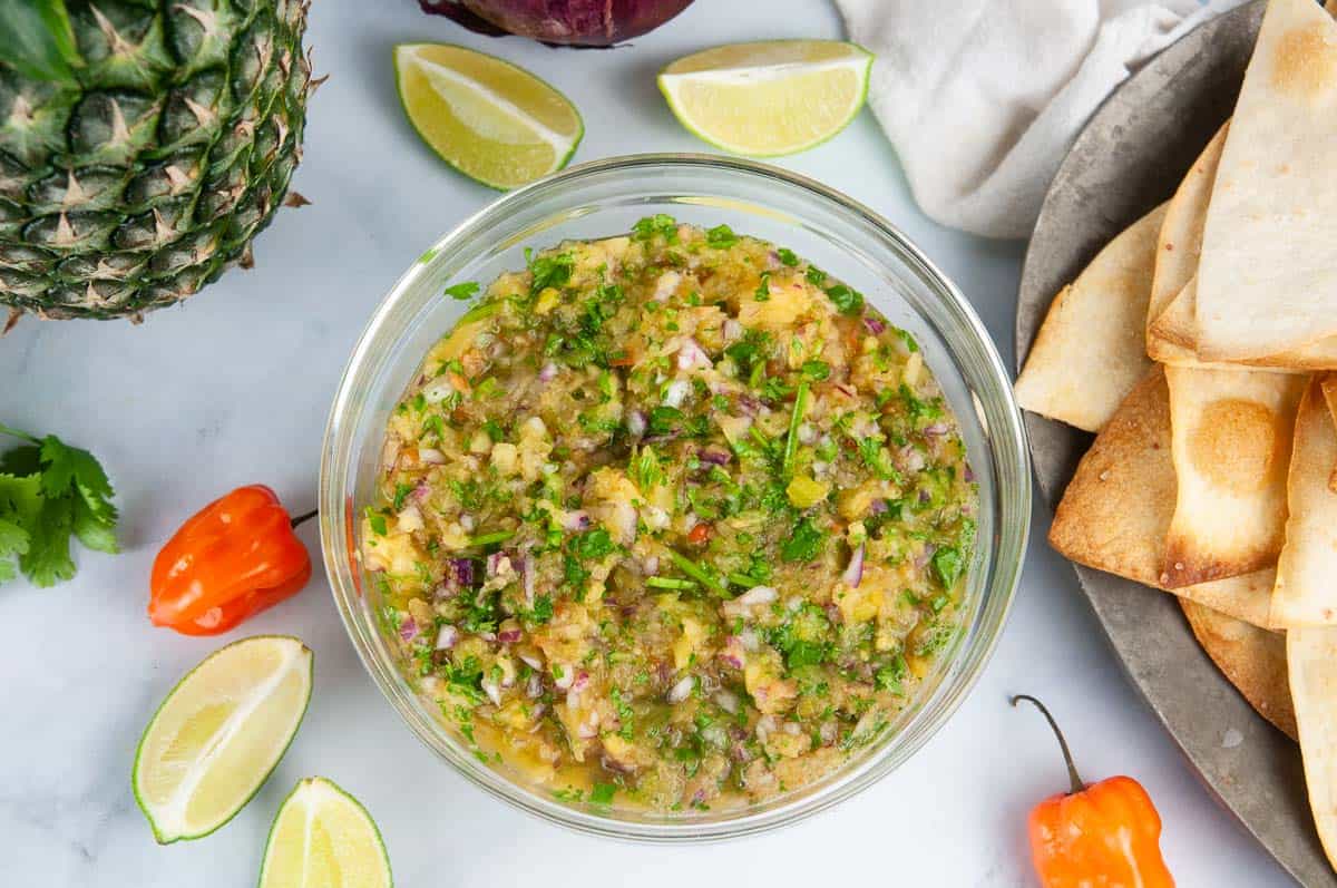 Pineapple habanero salsa makes a yummy dip for chips.