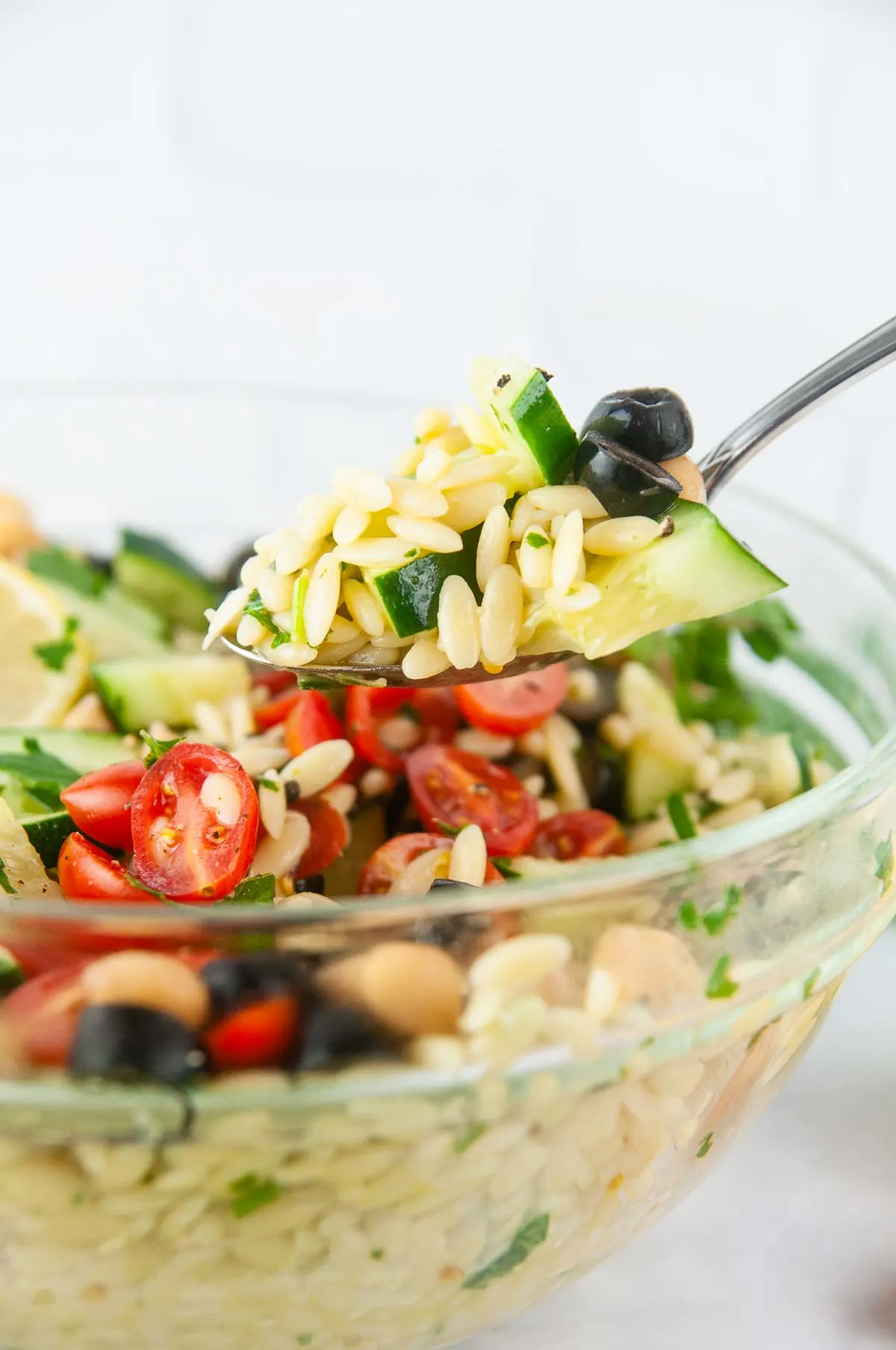 Vegan Mediterranean Orzo Salad - Veggies Don't Bite