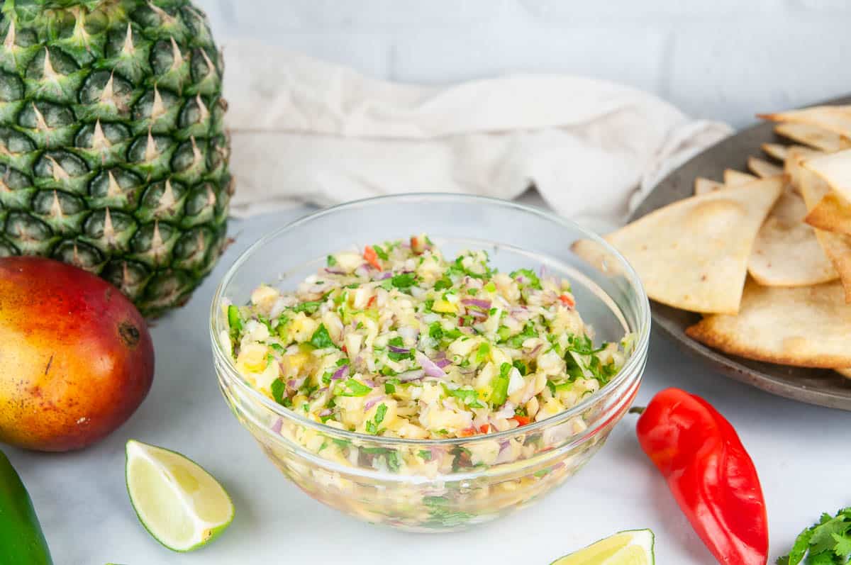 Pineapple mango salsa makes a yummy dip for chips or topping for tacos, grilled chicken, and fish.