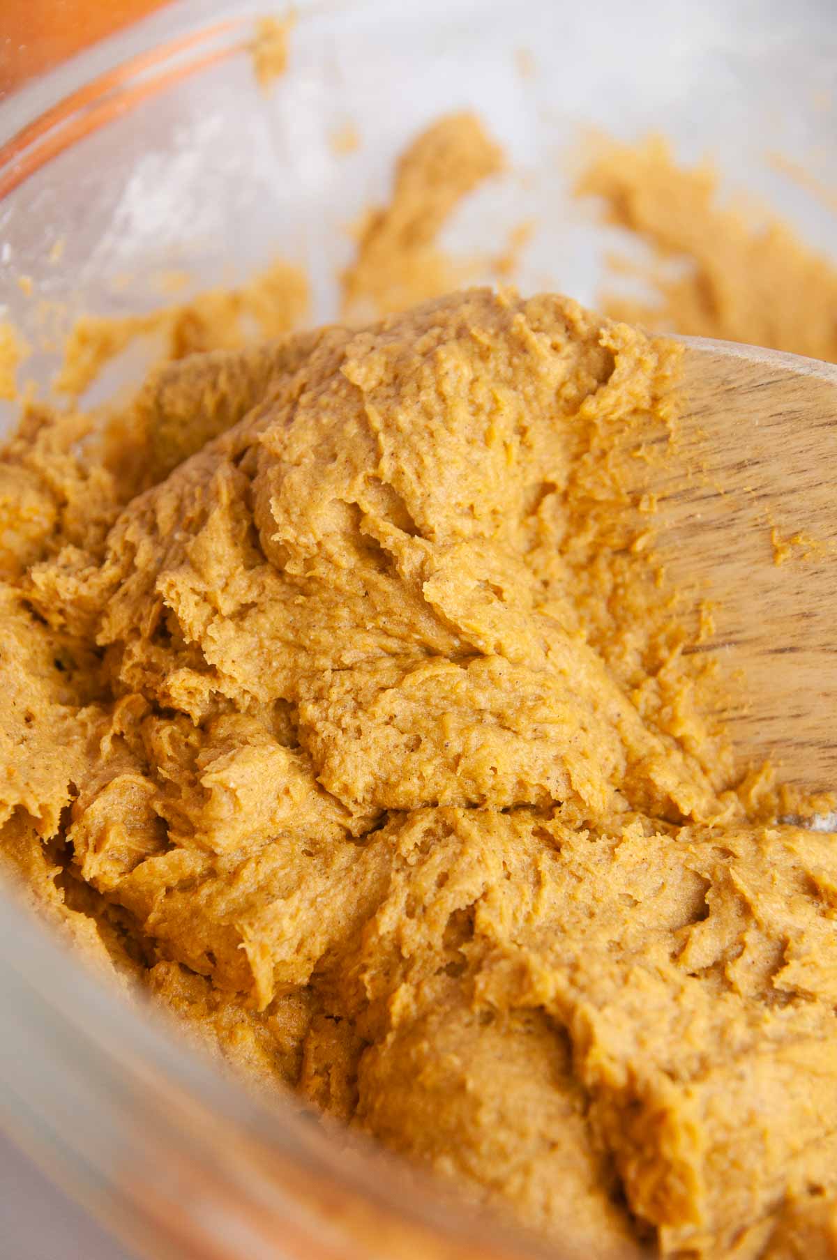 After you mix the pumpkin puree with the cake mix, the batter will be very thick.