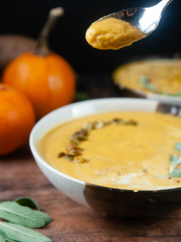 Sweet Potato Pumpkin soup is a delicious starter for Thanksgiving or a yummy fall dinner