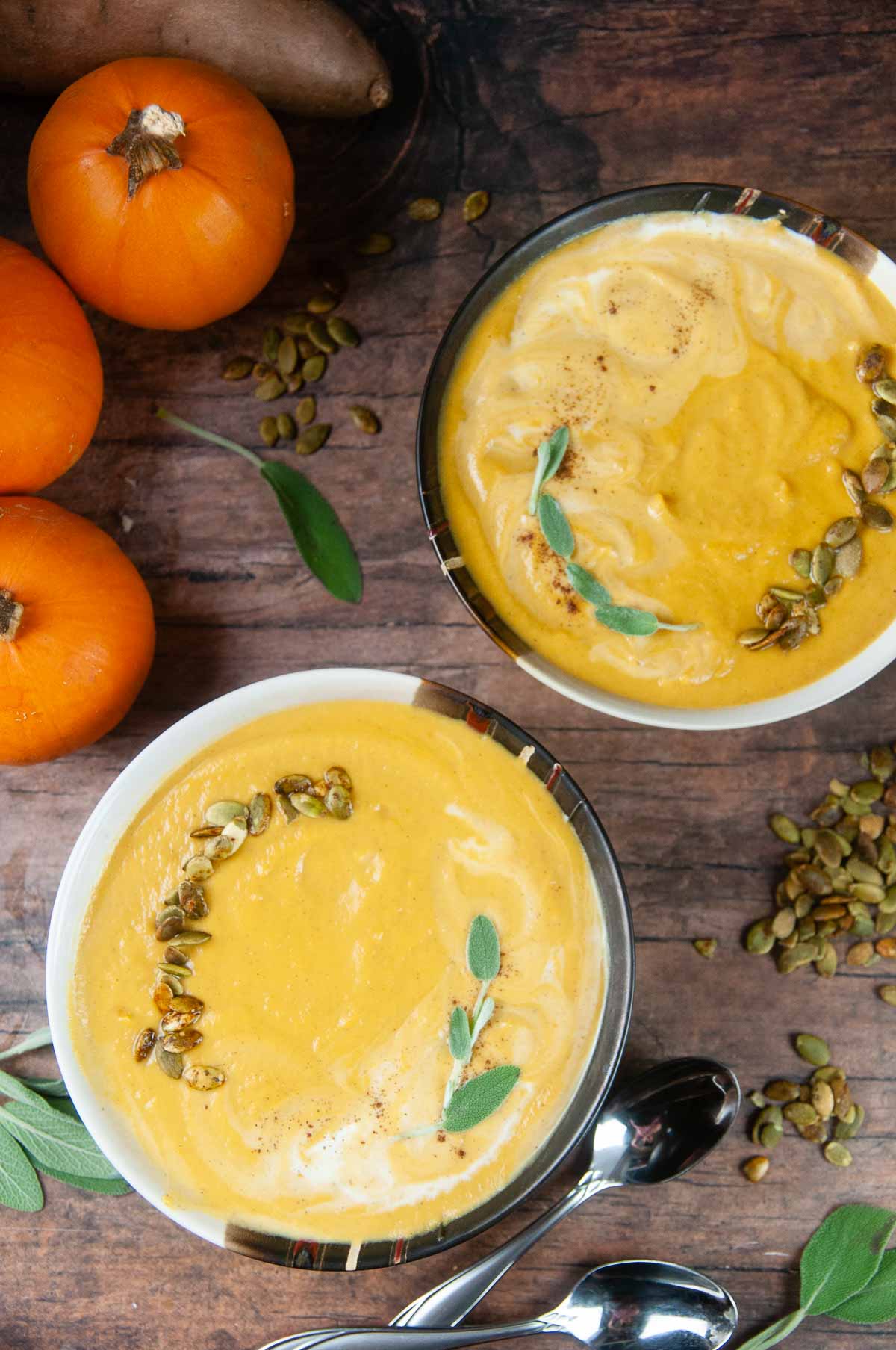 Sweet potato and pumpkin soup is an easy vegetarian fall soup.