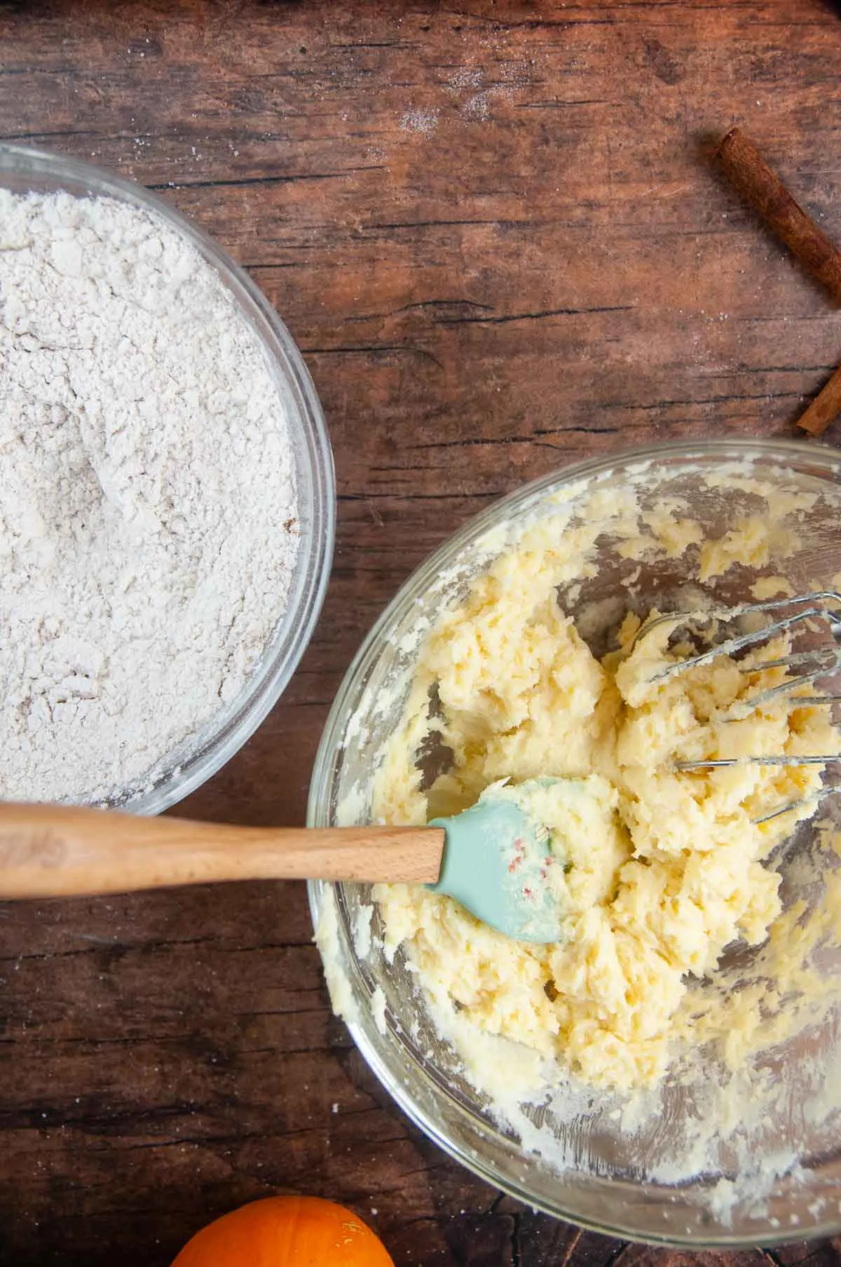 Cream together the butter, sugar, egg, and vanilla in one bowl and whisk together the dry ingredients in another.