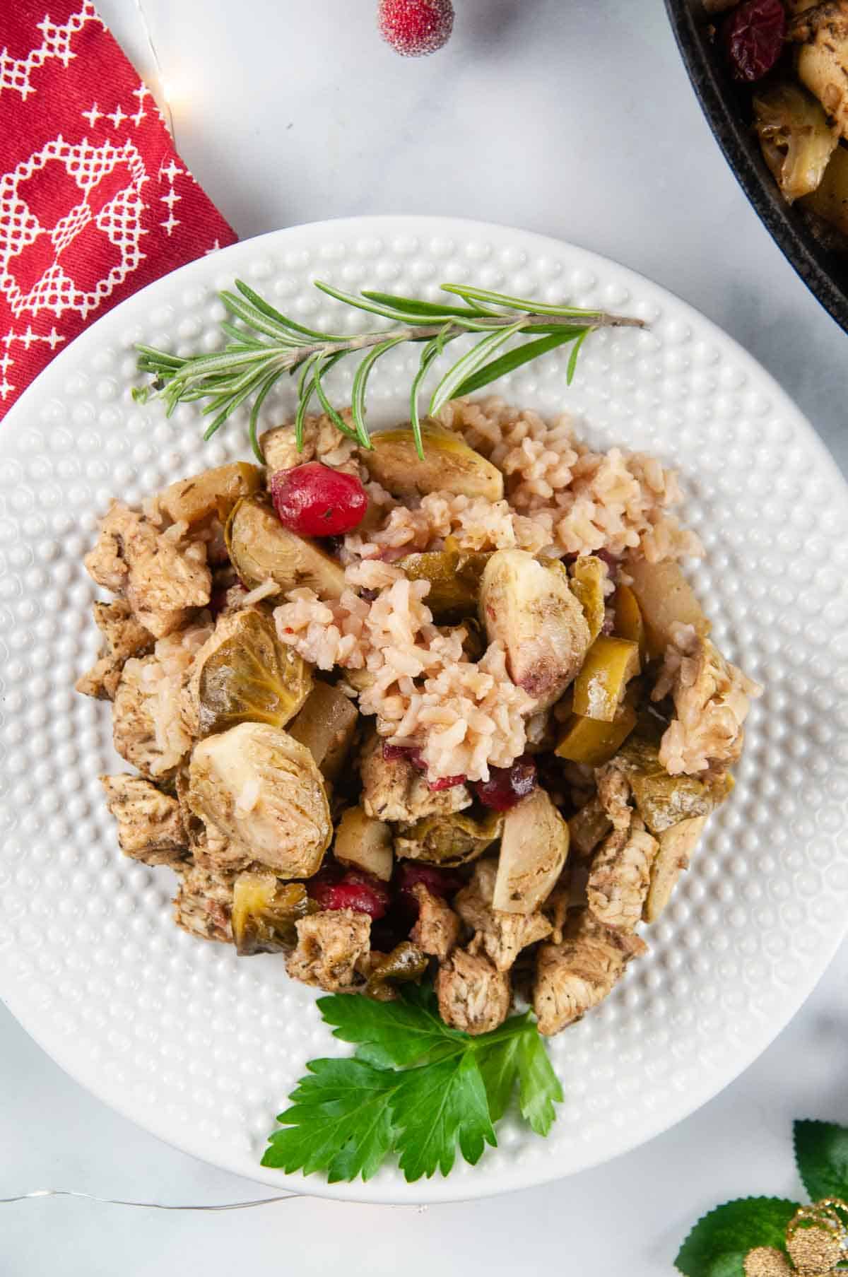 Cranberry Chicken is a festive, one skillet meal featuring tender chicken, juicy apples, Brussels sprouts, tart cranberries, and rice in a tangy sweet marinade.