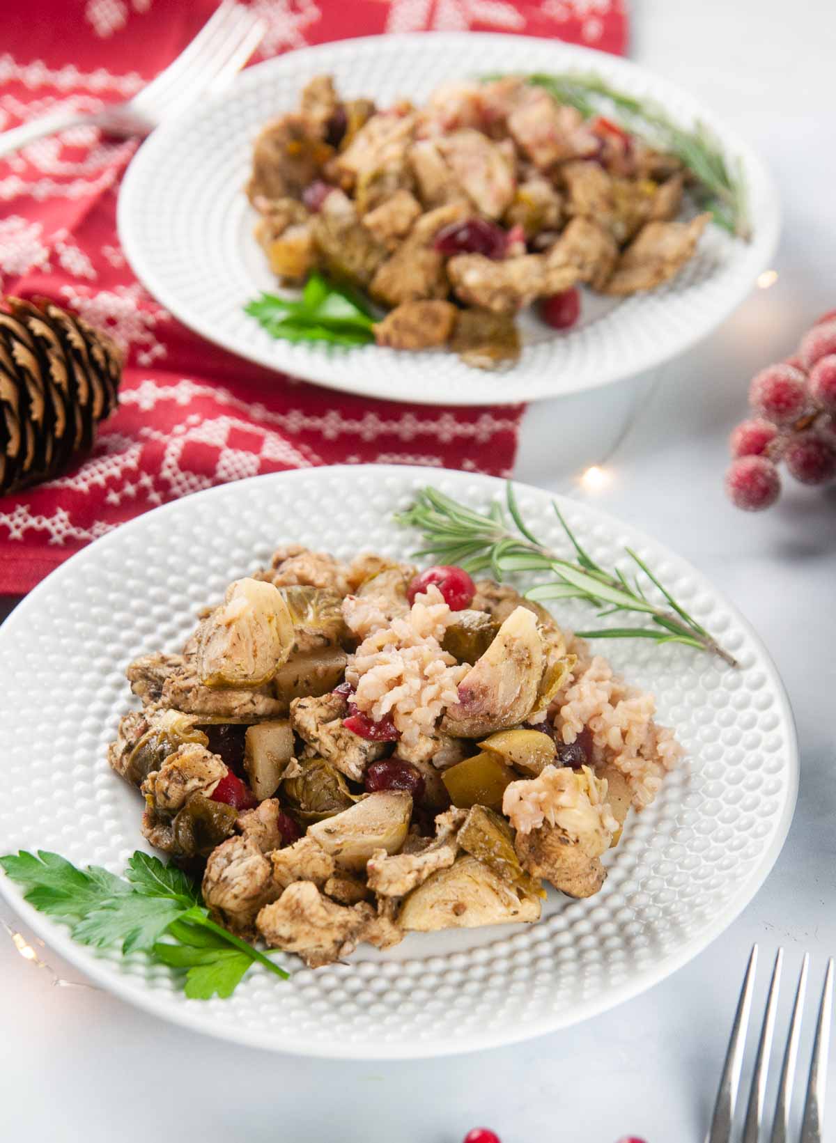 Cranberry Chicken is a festive, one skillet meal featuring tender chicken, juicy apples, Brussels sprouts, tart cranberries, and rice in a tangy sweet marinade.