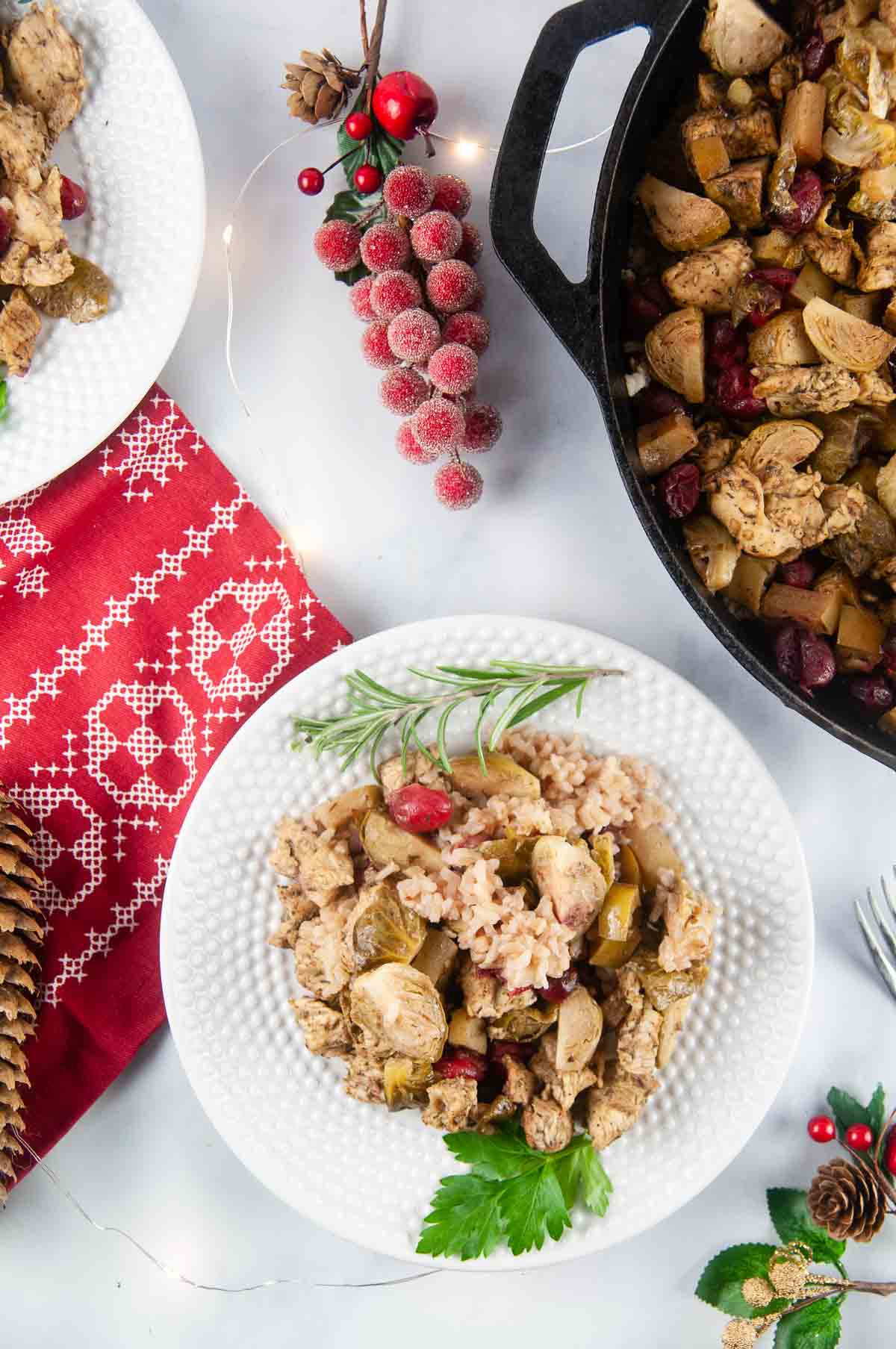 Cranberry Chicken is a festive, one skillet meal featuring tender chicken, juicy apples, Brussels sprouts, tart cranberries, and rice in a tangy sweet marinade.