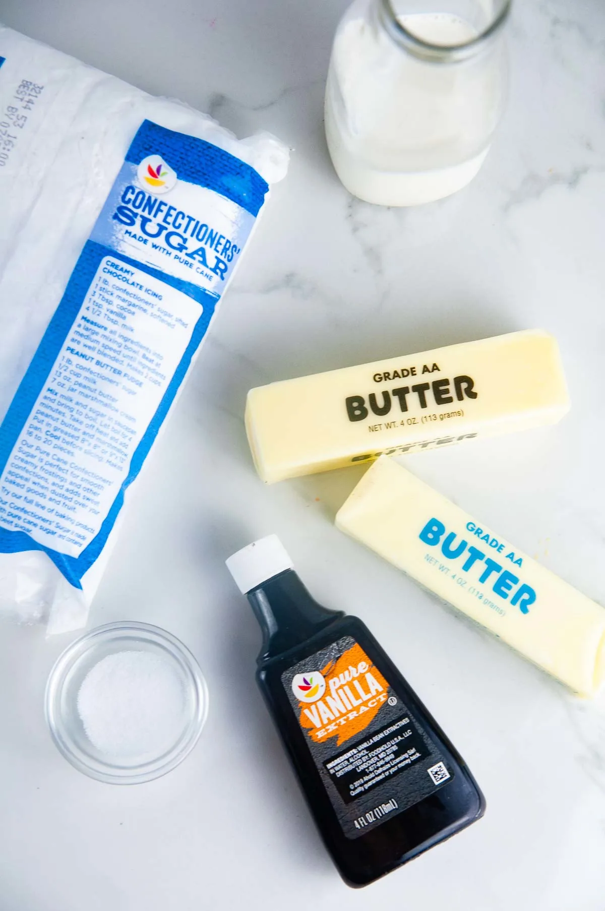 Ingredients for Vanilla Buttercream Icing: Butter, Heavy Cream, Powdered Sugar, Vanilla Extract, Salt