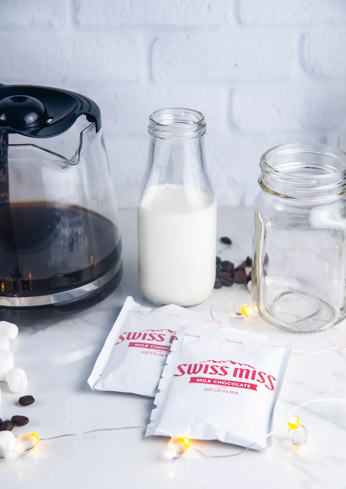 Ingredients for Hot Chocolate Coffee: Coffee, Milk or Cream, Hot Chocolate, Marshmallows