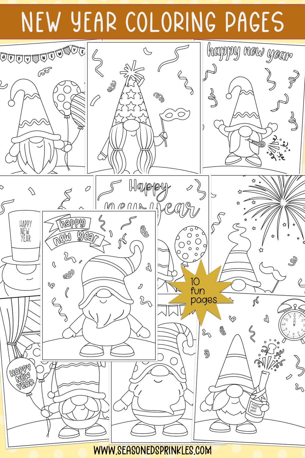 A collage of new years gnome coloring pages